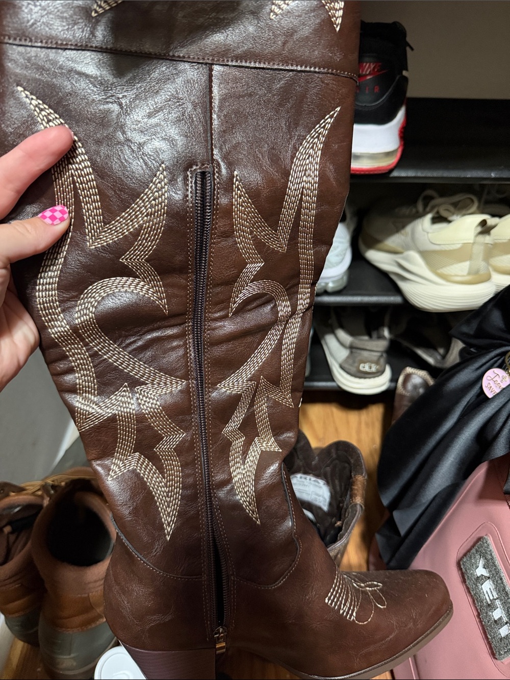 Brown Embroidered Leather Knee-High Western Boots - Picture 2 of 2